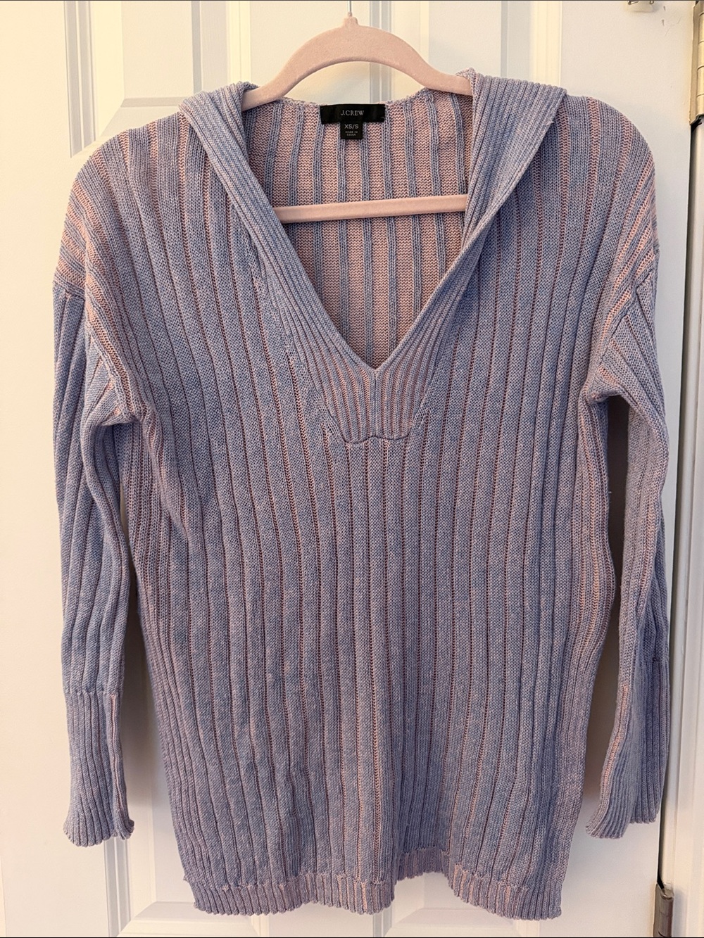 J. Crew Light Blue and Pink Stripe V-Neck Ribbed Sweater